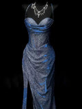 Mermaid Spaghetti Straps Navy Blue Sequin Long Evening Gowns Prom Dress SD2765 HZ0628