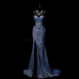 Mermaid Spaghetti Straps Navy Blue Sequin Long Evening Gowns Prom Dress SD2765 HZ0628