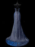Mermaid Spaghetti Straps Navy Blue Sequin Long Evening Gowns Prom Dress SD2765 HZ0628
