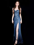 Mermaid Spaghetti Straps Navy Blue Sequin Long Evening Gowns Prom Dress SD2765 HZ0628