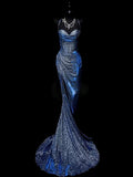 Mermaid Spaghetti Straps Navy Blue Sequin Long Evening Gowns Prom Dress SD2765 HZ0628