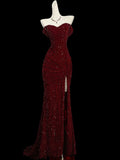 Mermaid Sweetheart Red Slit Sequin Long Evening Gowns Prom Dress SD2766 HZ0628