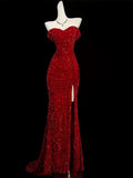 Mermaid Sweetheart Red Slit Sequin Long Evening Gowns Prom Dress SD2766 HZ0628