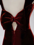 Mermaid Burgundy Velvet Slit Evening Dress Prom Dresses SD2771