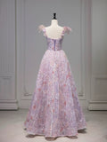A Line Spaghetti Straps Pink Floral Long Length Evening Dress Prom Dresses SD2773
