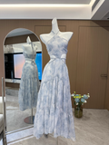 A line Halter Sleeveless Holiday Dresses Blue Floral Beach Dress Birthday Outfits SD277