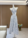A line Halter Sleeveless Holiday Dresses Blue Floral Beach Dress Birthday Outfits SD277