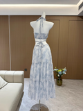 A line Halter Sleeveless Holiday Dresses Blue Floral Beach Dress Birthday Outfits SD277