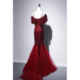 Mermaid Off The Shoulder Burgundy Sequin Long Evening Dress Prom Dresses SD2780