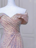Mermaid Off The Shoulder Pink Sequin Long Evening Dress Prom Dresses SD2782