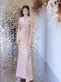 Mermaid Off The Shoulder Pink Sequin Long Evening Dress Prom Dresses SD2782