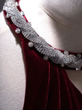 Mermaid Burgundy Velvet Long Backless Evening Dress Prom Dresses SD2786