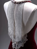 Mermaid Burgundy Velvet Long Backless Evening Dress Prom Dresses SD2786