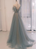A Line Off The Shoulder Blue Tulle Long Length Evening Dress Prom Dresses SD2790 HZ0628