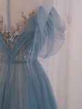 A Line Off The Shoulder Blue Tulle Long Length Evening Dress Prom Dresses SD2790 HZ0628