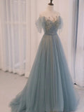 A Line Off The Shoulder Blue Tulle Long Length Evening Dress Prom Dresses SD2790 HZ0628