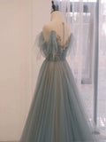 A Line Off The Shoulder Blue Tulle Long Length Evening Dress Prom Dresses SD2790 HZ0628