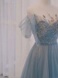 A Line Off The Shoulder Blue Tulle Long Length Evening Dress Prom Dresses SD2790 HZ0628