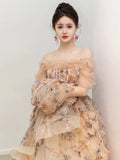A Line Off The Shoulder Long Sleeves Floral Tulle Long Length Evening Dress Prom Dresses SD2792