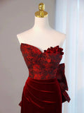 Mermaid Sweetheart Wine Red Velvet Long Evening Dress Prom Dresses SD2794