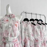 A line Halter Rose Flower Sleeveless Floral Pink Dress Short Holiday Dresses SD279