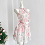 A line Halter Rose Flower Sleeveless Floral Pink Dress Short Holiday Dresses SD279
