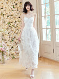 A Line Spaghetti Straps White Lace Long Length Evening Dress Prom Dresses SD2810