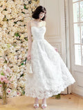 A Line Spaghetti Straps White Lace Long Length Evening Dress Prom Dresses SD2810