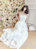 A Line Spaghetti Straps White Lace Long Length Evening Dress Prom Dresses SD2810