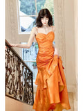Mermaid Spaghetti Straps Organge Ankle Length Evening Dress Prom Dresses SD2812