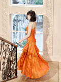 Mermaid Spaghetti Straps Organge Ankle Length Evening Dress Prom Dresses SD2812