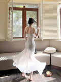 Mermaid Spaghetti Straps White Long Evening Dress Prom Dresses SD2813