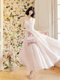 A Line Spaghetti Straps Pink Ankle Length Evening Dress Prom Dresses SD2817