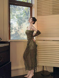 Sheath Spaghetti Straps Green Ruffles Long Evening Dress Lace Prom Dresses SD2819