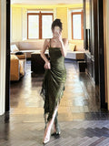 Sheath Spaghetti Straps Green Ruffles Long Evening Dress Lace Prom Dresses SD2819
