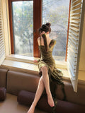 Sheath Spaghetti Straps Green Ruffles Long Evening Dress Lace Prom Dresses SD2819