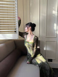 Sheath Spaghetti Straps Green Ruffles Long Evening Dress Lace Prom Dresses SD2819