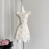 A line Sweetheart Cap Sleeves Blue Floral Dress Short Holiday Dresses SD281