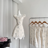 A line Sweetheart Cap Sleeves Blue Floral Dress Short Holiday Dresses SD281