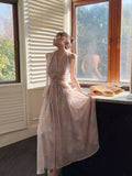 A Line Halter Pink Chiffon Floral Ankle Length Evening Dress Prom Dresses SD2821