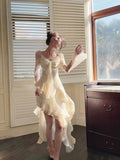 High Low V Neckline White Lace Ruffles Long Evening Dress Lace Prom Dresses SD2822