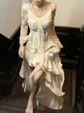 High Low V Neckline White Lace Ruffles Long Evening Dress Lace Prom Dresses SD2822
