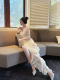 High Low V Neckline White Lace Ruffles Long Evening Dress Lace Prom Dresses SD2822
