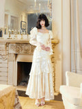 Mermaid Sweetheart Neckline White Lace Ruffles Long Evening Dress Prom Dresses SD2823