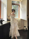 Mermaid Sweetheart Neckline White Lace Ruffles Long Evening Dress Prom Dresses SD2823