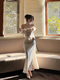 Mermaid Off The Shoulder Flowers Satin Long Evening Dress Prom Dresses SD2826