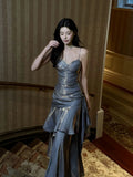 Mermaid Spaghetti Straps Gray Long Length Evening Dress Prom Dresses SD2827
