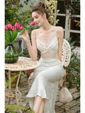 Mermaid Spaghetti Straps White Long Length Evening Dress Prom Dresses SD2828