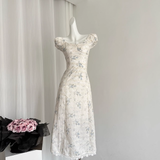 A line Sweetheart Cap Sleeves Blue Floral Dress Long Holiday Dresses SD282