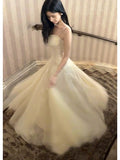 A Line Spaghetti Straps Tulle Chamapgne Ankle Length Evening Dress Prom Dresses SD2837